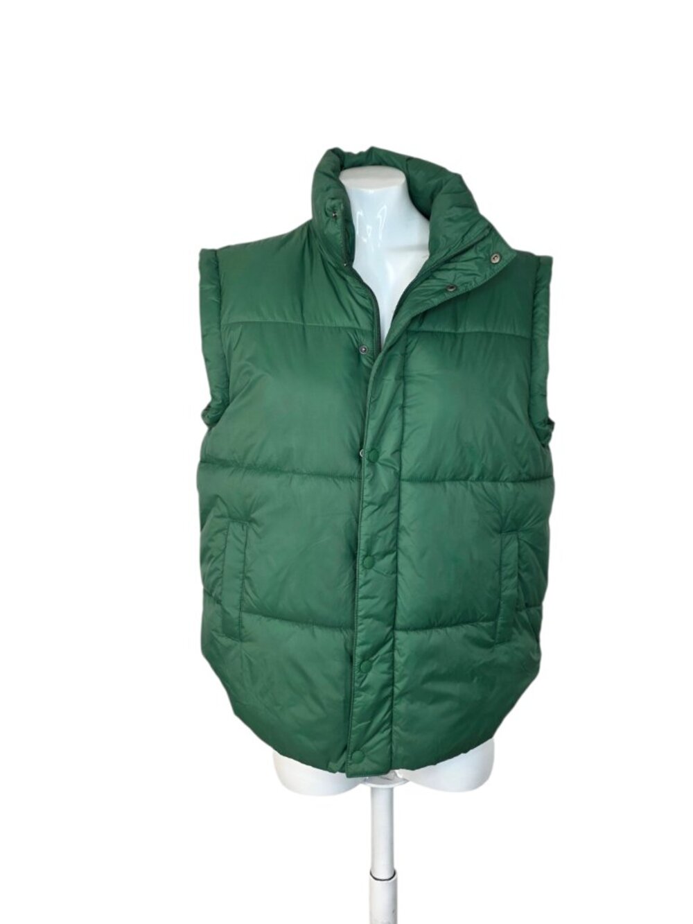 Aerie Offline Oversized Snap Button Vest, Green, Puffer, Size XS